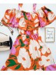 Rochie de zi ieftina portocalie cu imprimeu floral si umerii goi