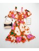 Rochie de zi ieftina portocalie cu imprimeu floral si umerii goi