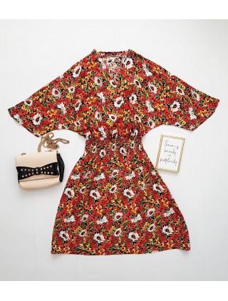 Rochie de zi ieftina rosie cu imprimeu floral si elastic lat in talie