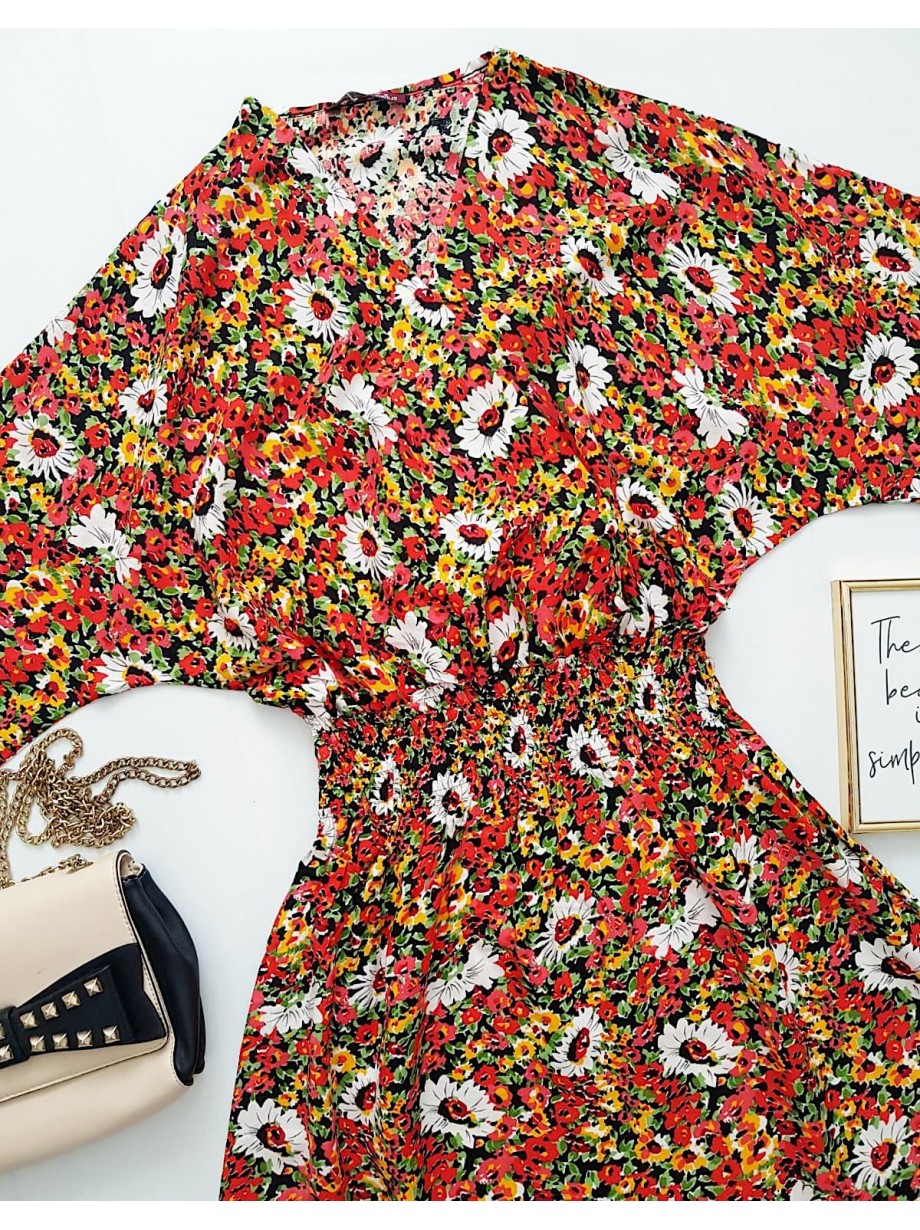 Rochie de zi ieftina rosie cu imprimeu floral si elastic lat in talie