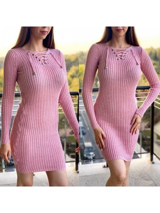 Rochie ieftina de zi din tricot roz cu snur la gat