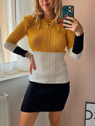 Rochie ieftina de zi din tricot galben cu snur la gat si imprimeu 3 culori