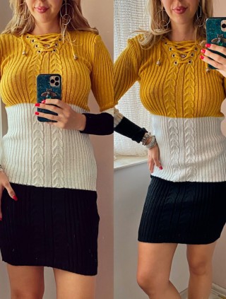 Rochie ieftina de zi din tricot galben cu snur la gat si imprimeu 3 culori