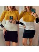 Rochie ieftina de zi din tricot galben cu snur la gat si imprimeu 3 culori