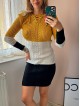 Rochie ieftina de zi din tricot galben cu snur la gat si imprimeu 3 culori