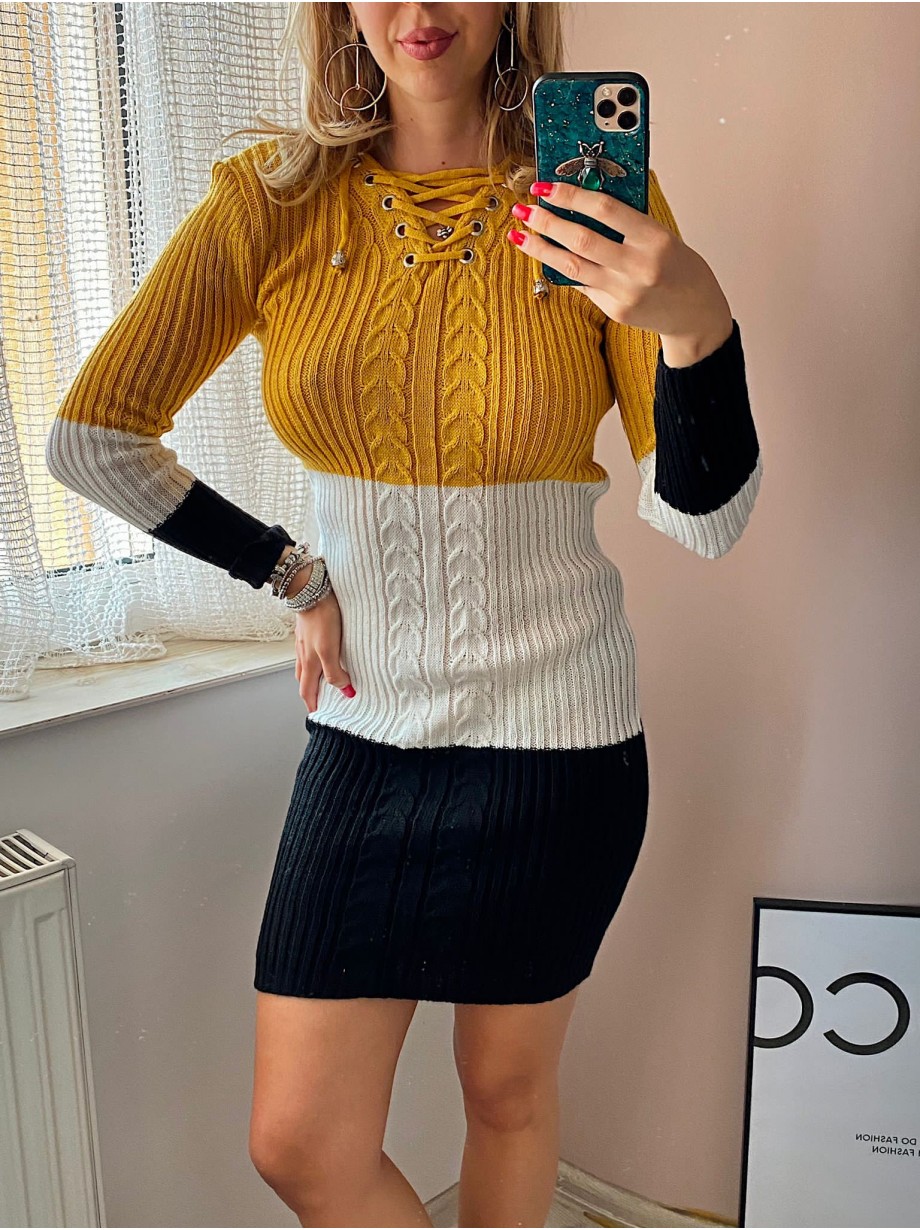 Rochie ieftina de zi din tricot galben cu snur la gat si imprimeu 3 culori