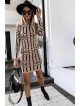  Rochie casual de zi din tricot bej cu maneca lunga si imprimeu linii Craciun