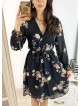 Rochie dama eleganta midi neagra cu pliuri si imprimeu floral boem Rochie dama eleganta midi neagra cu pliuri si imprimeu floral boem