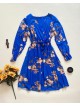 Rochie dama eleganta midi albastra cu pliuri si imprimeu floral boem