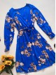 Rochie dama eleganta midi albastra cu pliuri si imprimeu floral boem