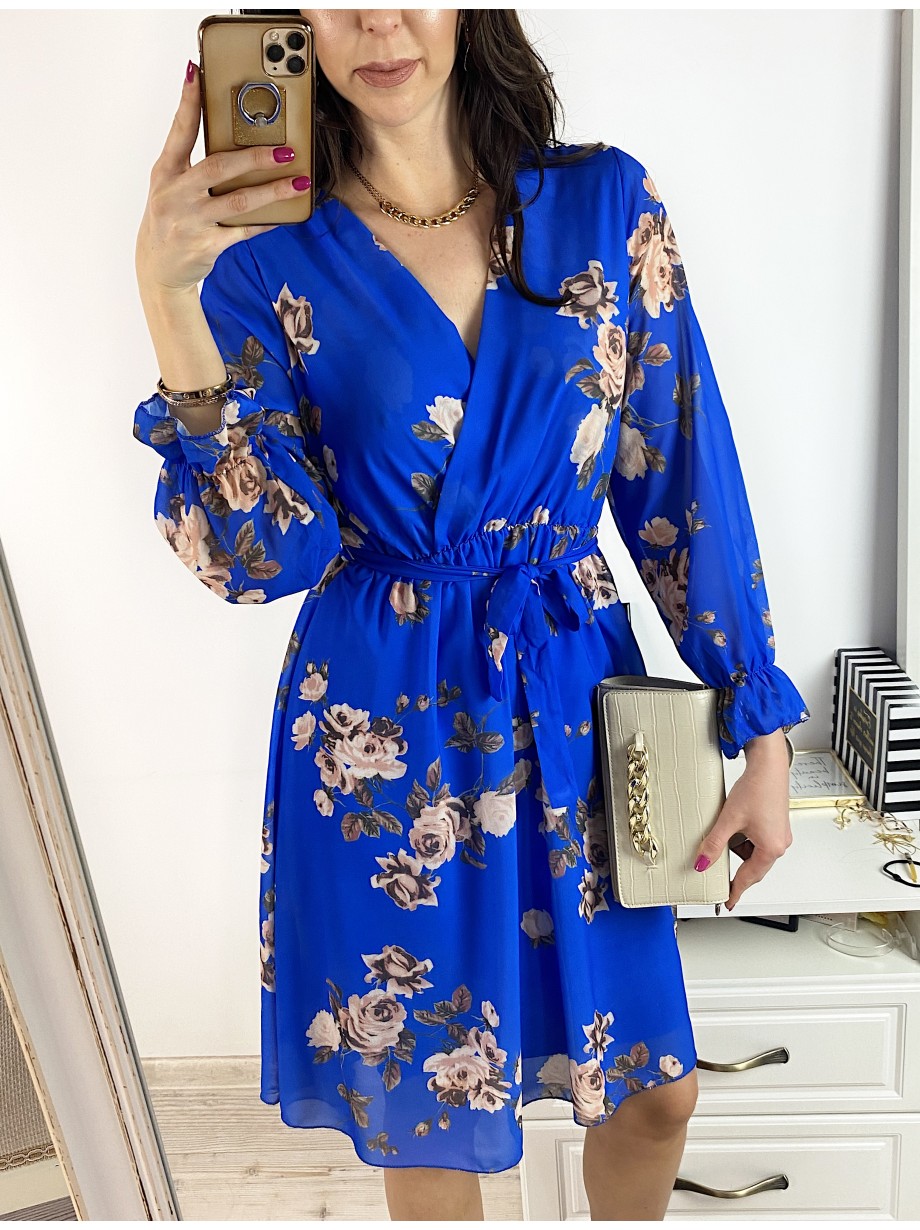 Rochie dama eleganta midi albastra cu pliuri si imprimeu floral boem