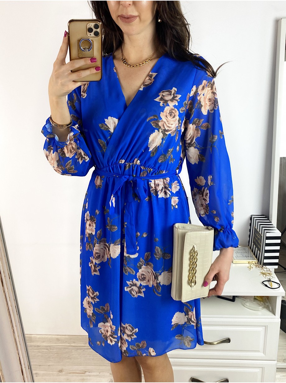 Rochie dama eleganta midi albastra cu pliuri si imprimeu floral boem