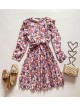Rochie dama ieftina mov midi cu pliuri si volanase si imprimeu multifloral