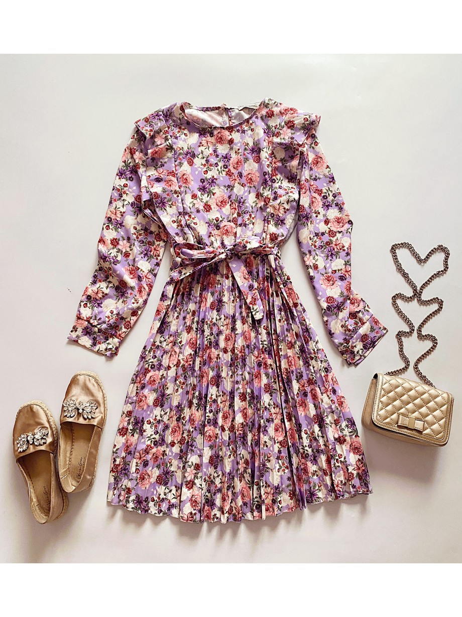 Rochie dama ieftina mov midi cu pliuri si volanase si imprimeu multifloral