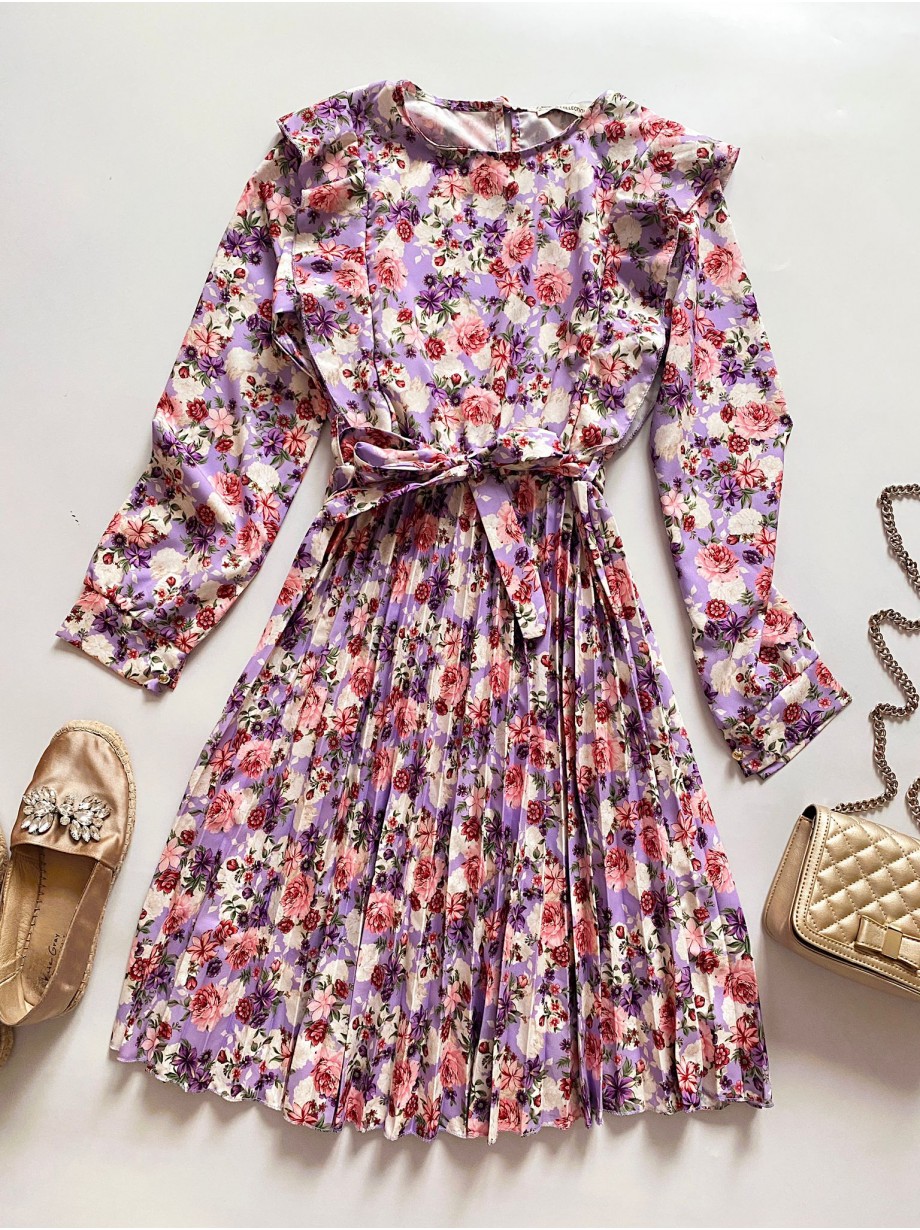 Rochie dama ieftina mov midi cu pliuri si volanase si imprimeu multifloral