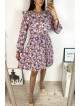 Rochie dama ieftina mov midi cu pliuri si volanase si imprimeu multifloral