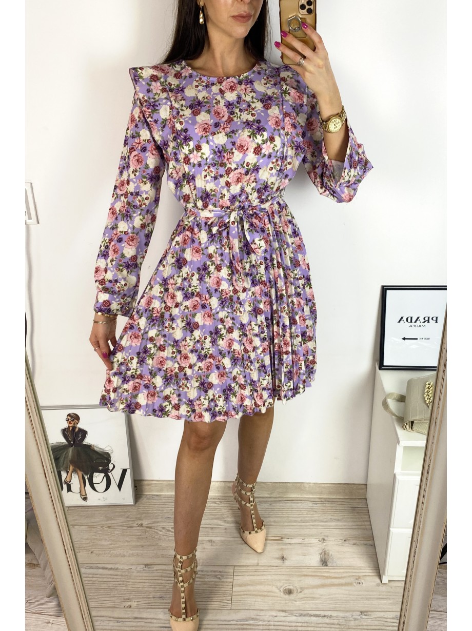 Rochie dama ieftina mov midi cu pliuri si volanase si imprimeu multifloral