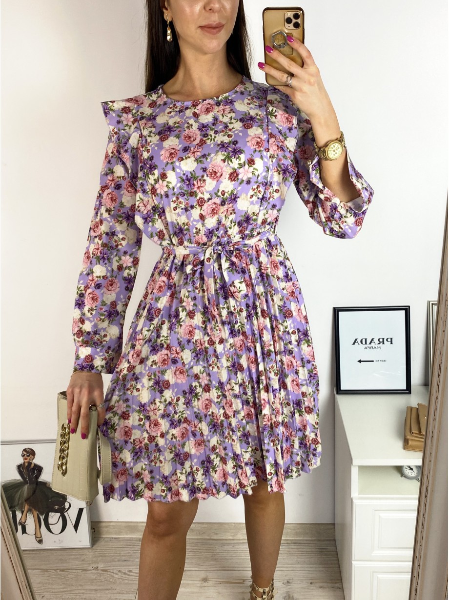Rochie dama ieftina mov midi cu pliuri si volanase si imprimeu multifloral
