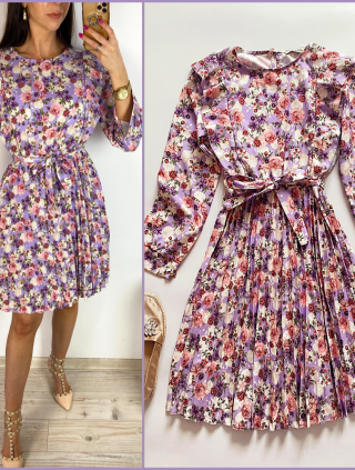Rochie dama ieftina mov midi cu pliuri si volanase si imprimeu multifloral