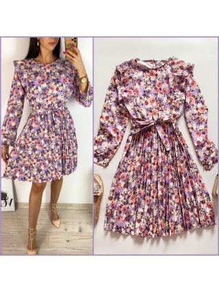 Rochie dama ieftina mov midi cu pliuri si volanase si imprimeu multifloral
