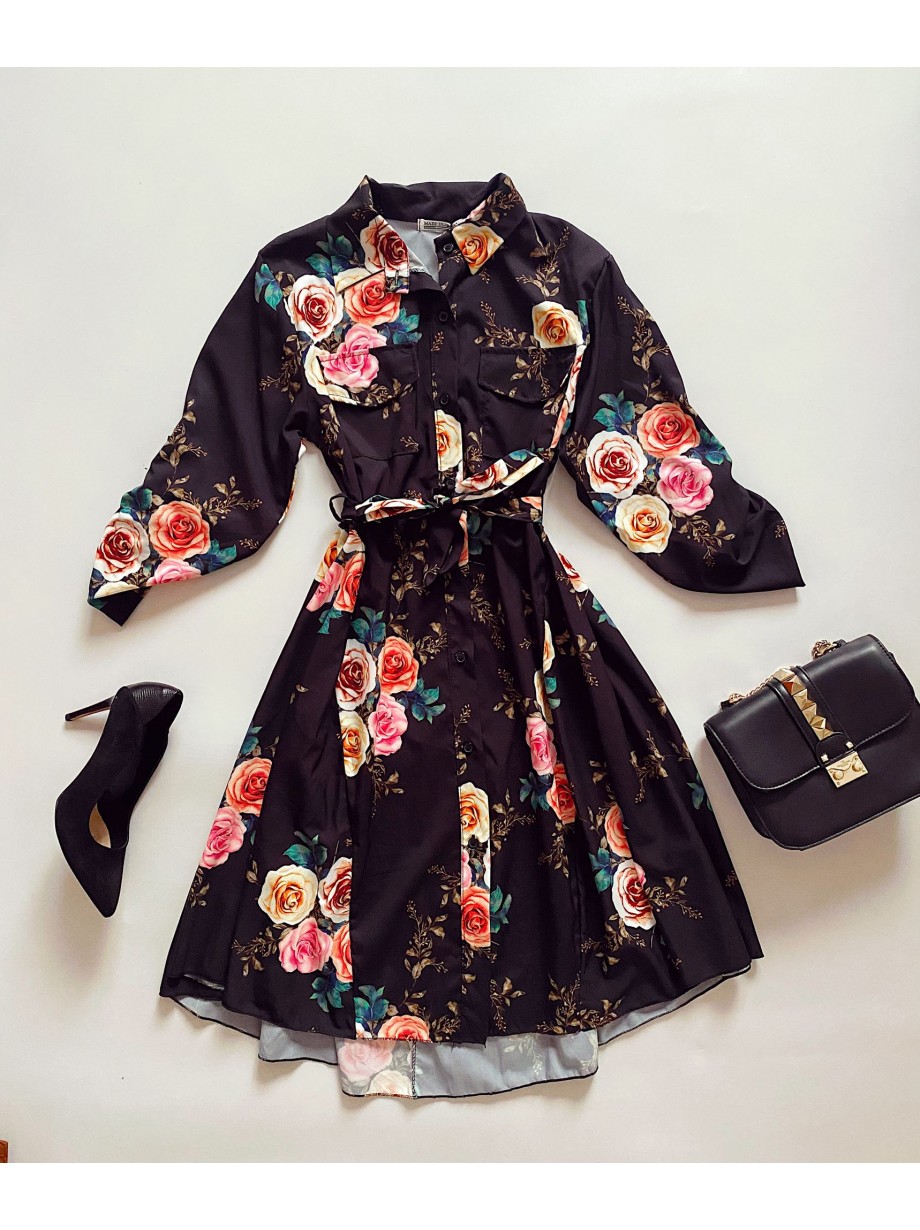 Rochie de zi ieftina neagra cu imprimeu buchet trandafiri