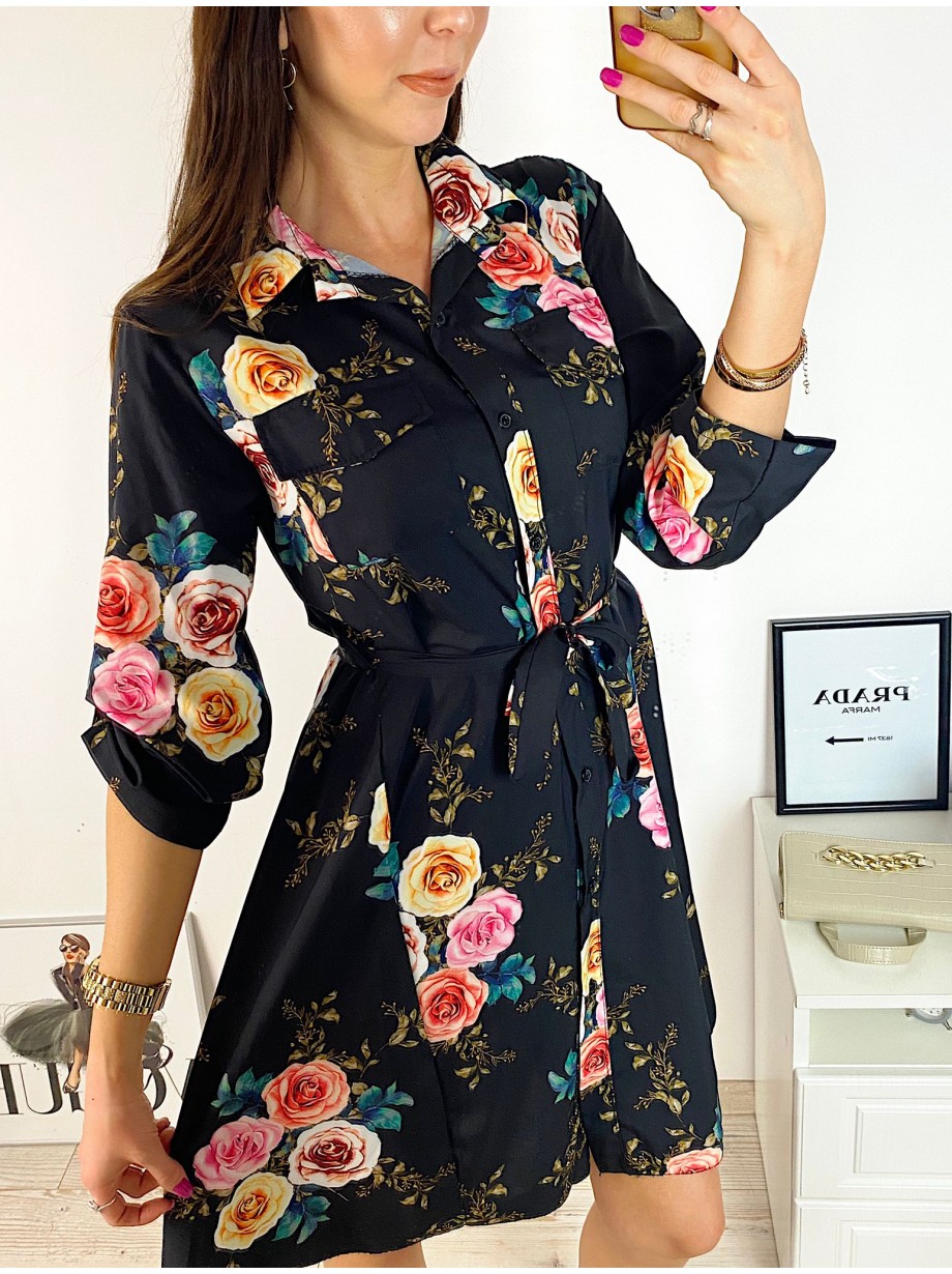 Rochie de zi ieftina neagra cu imprimeu buchet trandafiri