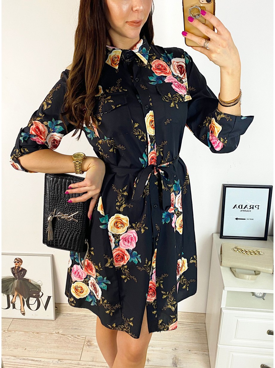 Rochie de zi ieftina neagra cu imprimeu buchet trandafiri
