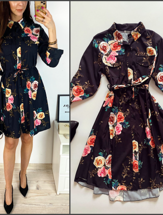 Rochie de zi ieftina neagra cu imprimeu buchet trandafiri