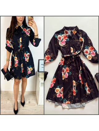Rochie de zi ieftina neagra cu imprimeu buchet trandafiri