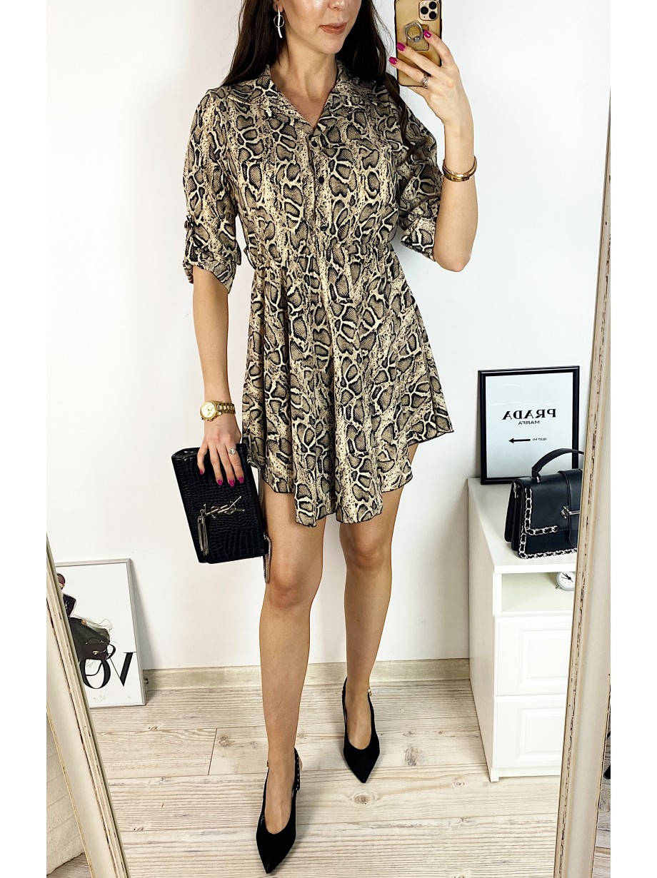 Rochie de zi ieftina maro cu imprimeu snake