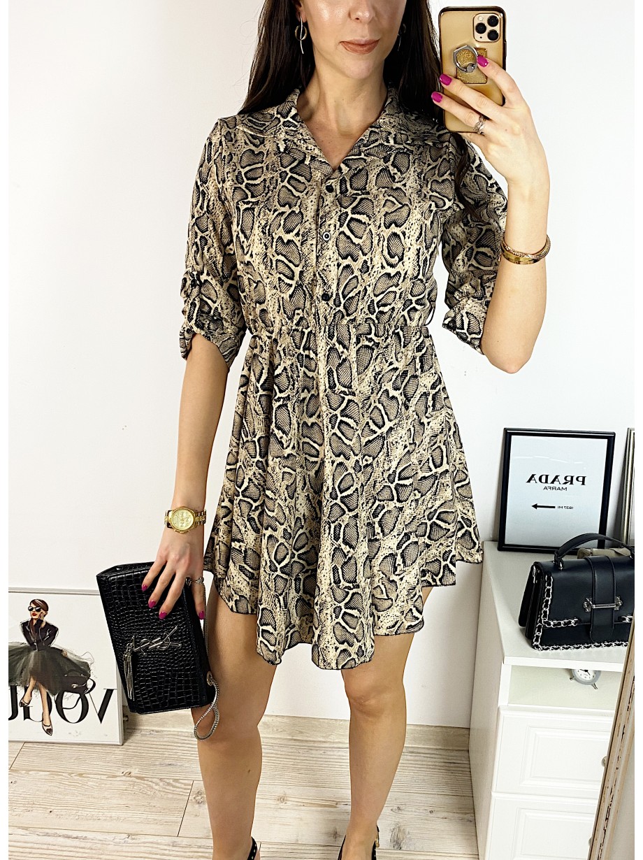Rochie de zi ieftina maro cu imprimeu snake