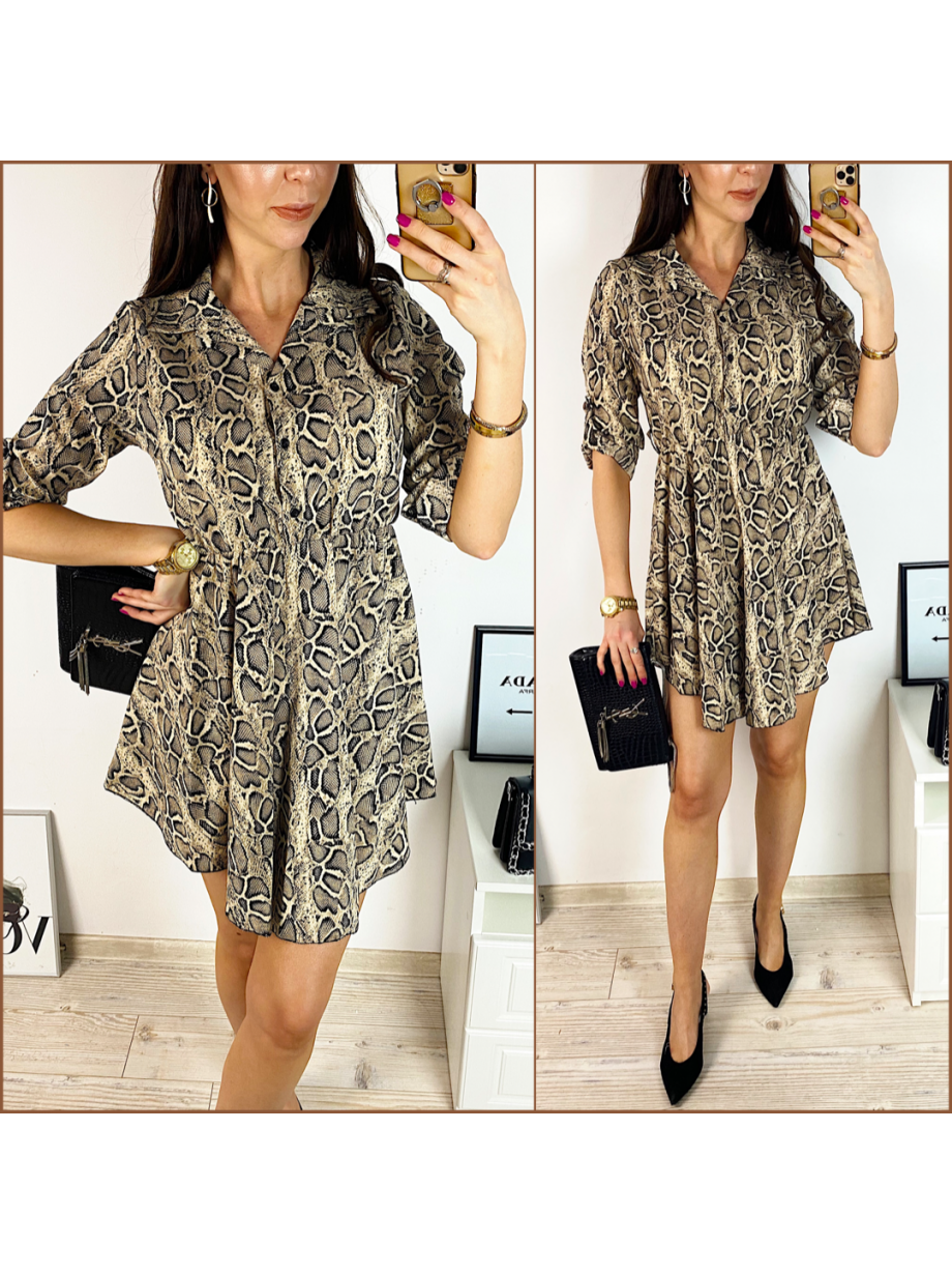 Rochie de zi ieftina maro cu imprimeu snake