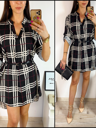 Rochie eleganta scurta neagra cu guler, curea si imprimeu linii
