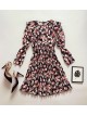Rochie dama ieftina neagra midi cu pliuri si volanase si imprimeu multifloral