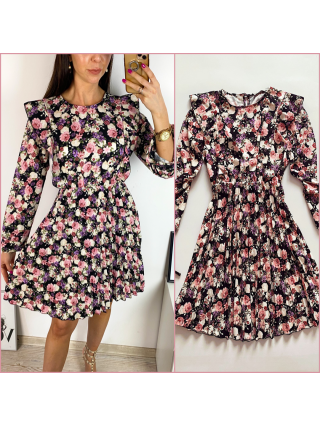 Rochie dama ieftina neagra midi cu pliuri si volanase si imprimeu multifloral