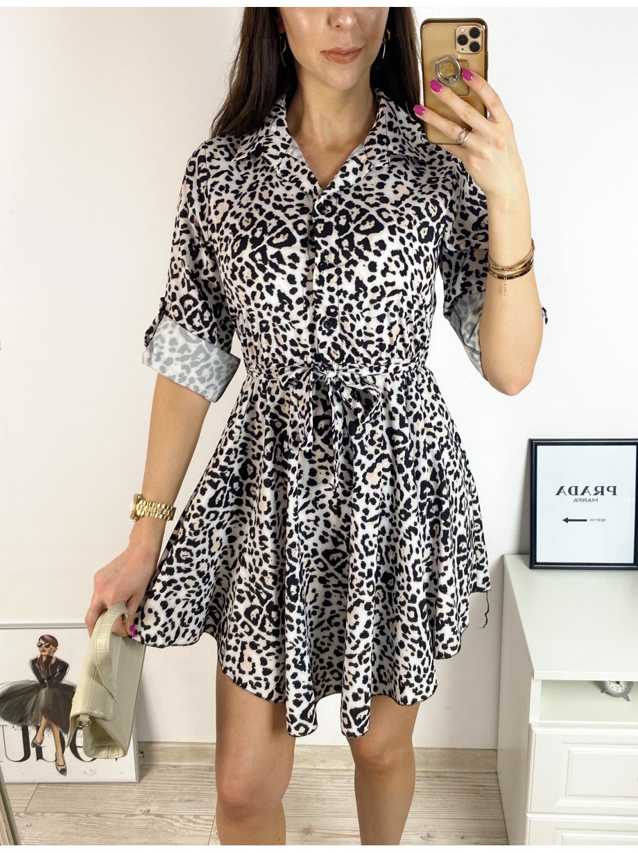 Rochie de zi ieftina alba cu imprimeu animal print mic