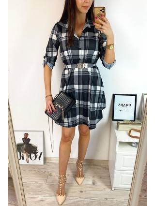 Rochie de zi ieftina neagra cu imprimeu carouri si accesoriu in talie