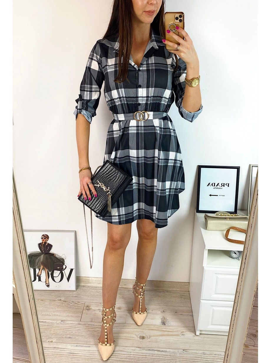 Rochie de zi ieftina neagra cu imprimeu carouri si accesoriu in talie