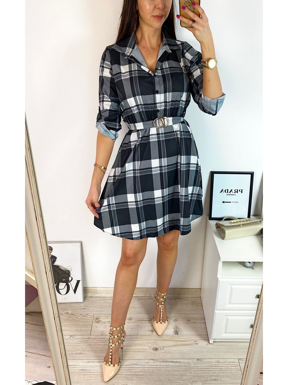 Rochie de zi ieftina neagra cu imprimeu carouri si accesoriu in talie