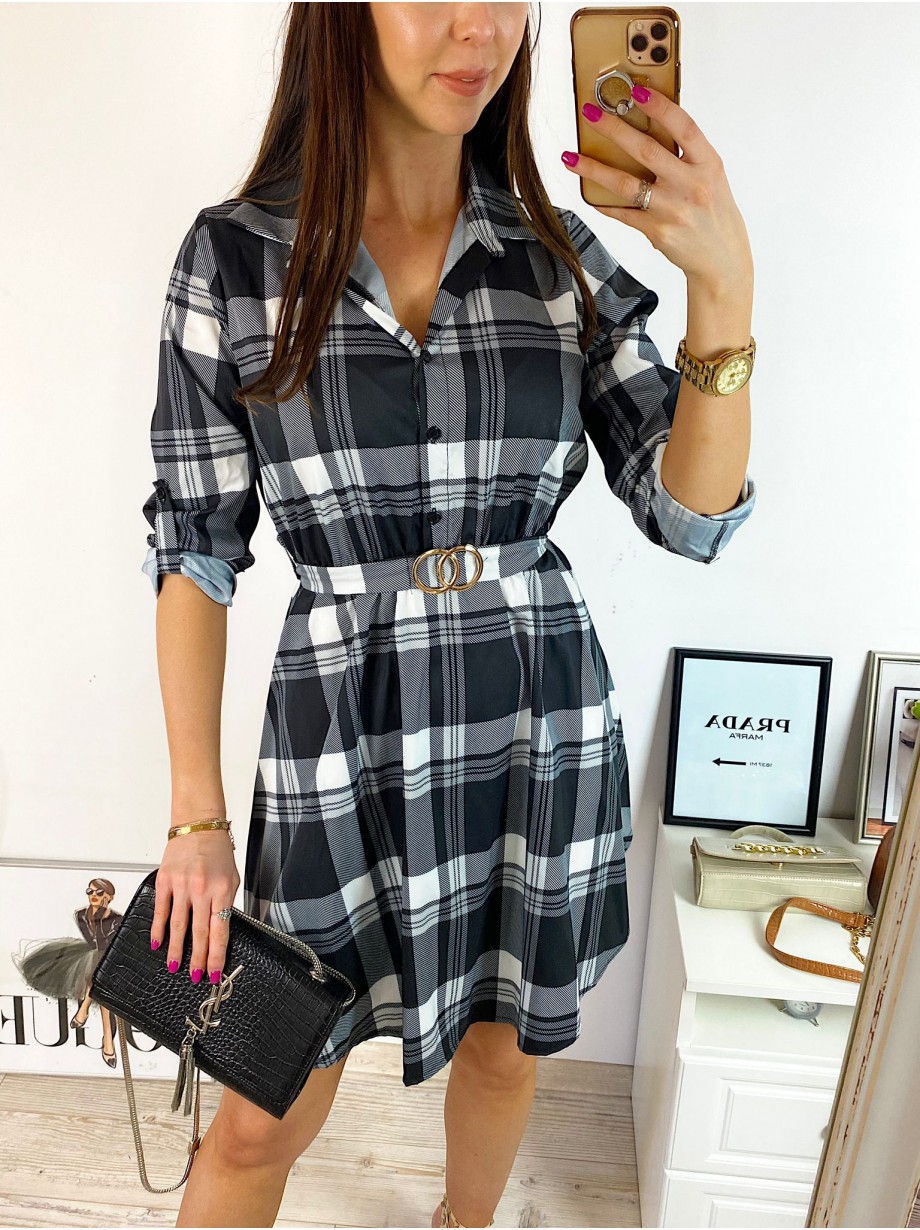 Rochie de zi ieftina neagra cu imprimeu carouri si accesoriu in talie