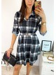 Rochie de zi ieftina neagra cu imprimeu carouri si accesoriu in talie
