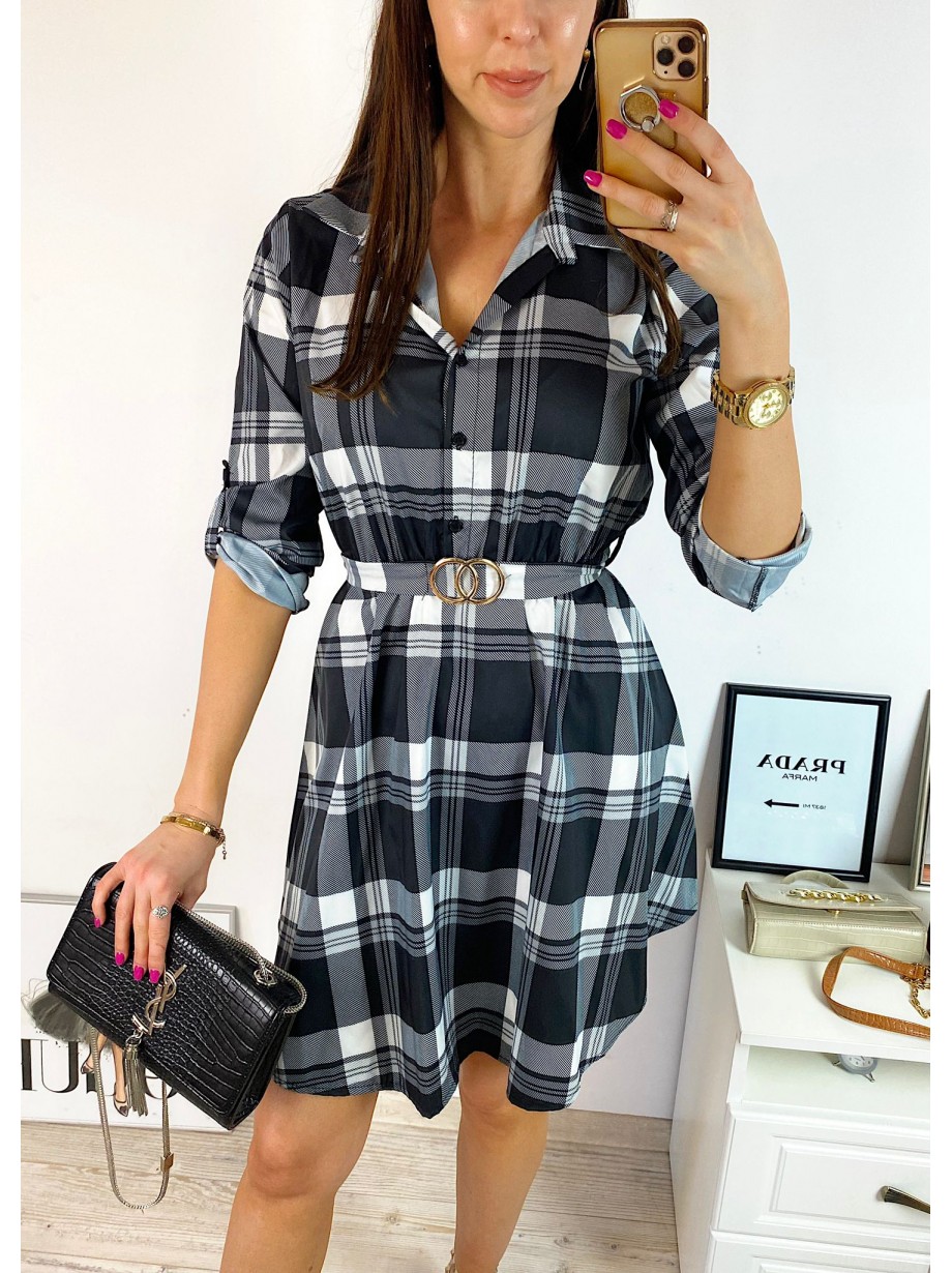 Rochie de zi ieftina neagra cu imprimeu carouri si accesoriu in talie