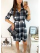 Rochie de zi ieftina neagra cu imprimeu carouri si accesoriu in talie