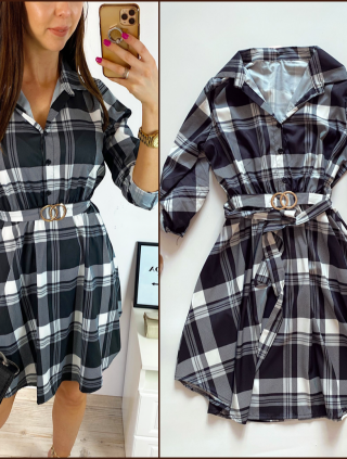 Rochie de zi ieftina neagra cu imprimeu carouri si accesoriu in talie
