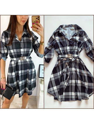 Rochie de zi ieftina neagra cu imprimeu carouri si accesoriu in talie