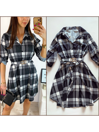 Rochie de zi ieftina neagra cu imprimeu carouri si accesoriu in talie