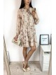 Rochie eleganta scurta crem cu volanase, maneci lungi si flori mici Rochie eleganta scurta crem cu volanase, maneci lungi si flori mici