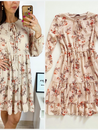Rochie eleganta scurta crem cu volanase, maneci lungi si flori mici