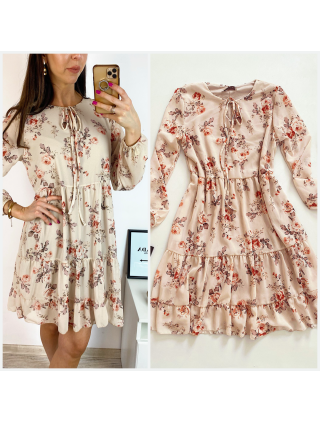 Rochie eleganta scurta crem cu volanase, maneci lungi si flori mici