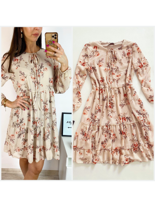 Rochie eleganta scurta crem cu volanase, maneci lungi si flori mici